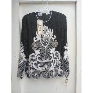 Vintage 90s Stenay Beaded Sequined 10 Black & White Top Women's New Deadstock